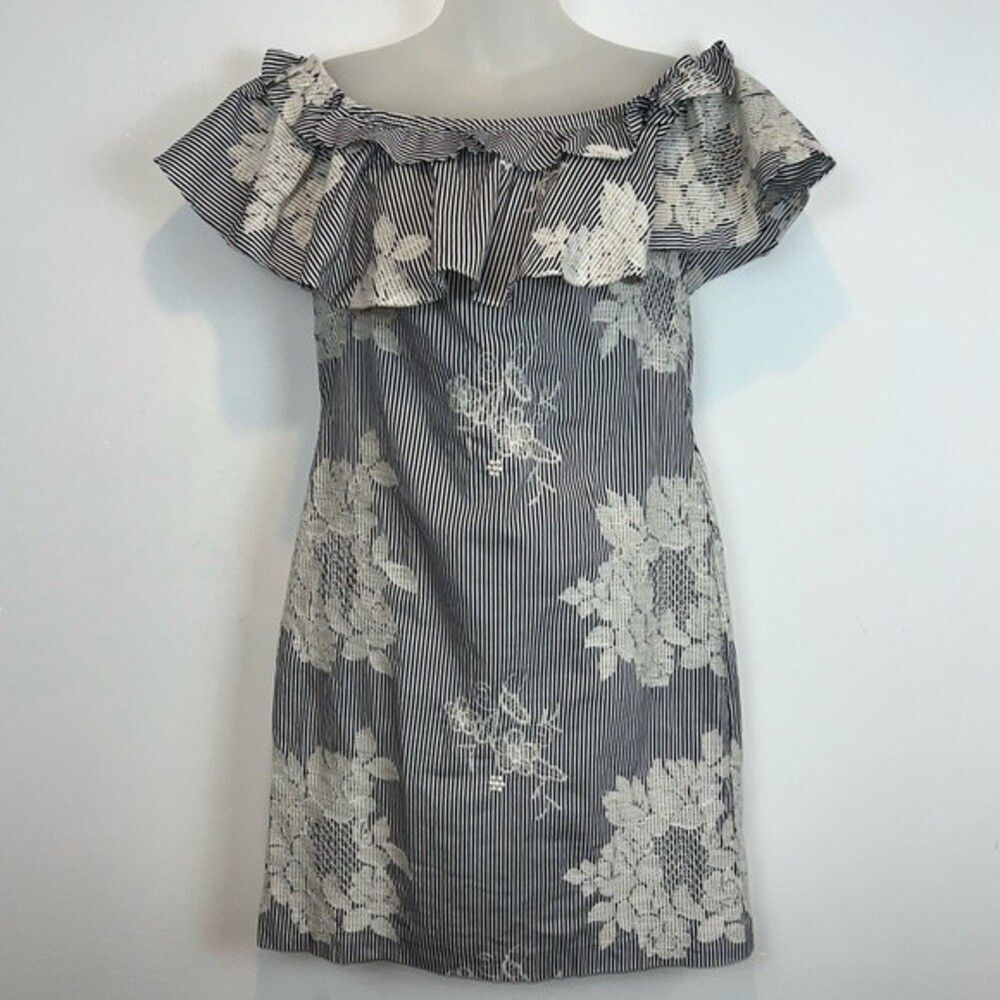 Lauren Ralph Lauren Floral embroidered Stripe off the Shoulder mini Dress SZ 4